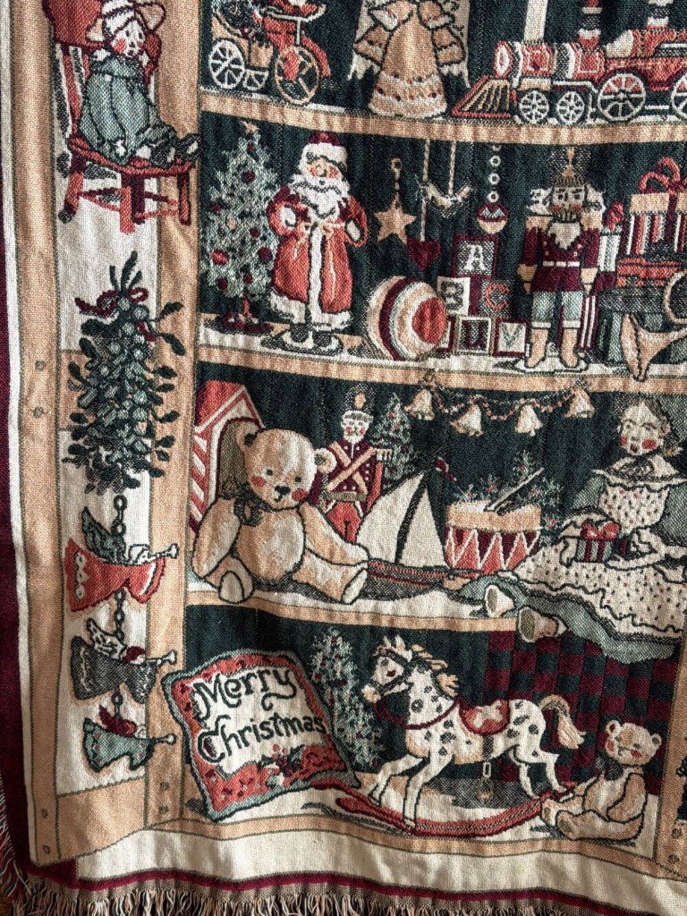 Vintage Fieldcrest Antique Toys Cotton Christmas Tapestry Throw Blanket 46 X 68 - Picture 5 of 13